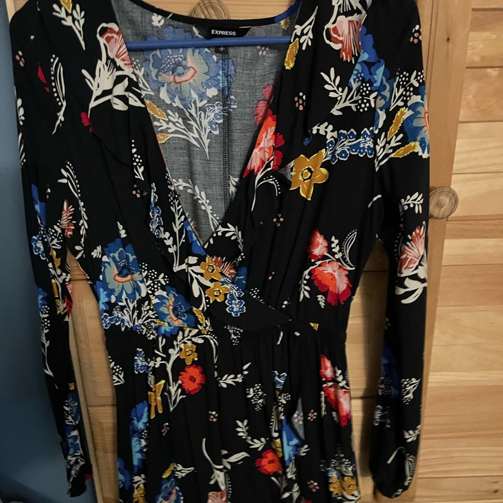 Black with floral print low cut dress size small from Express. Never worn.